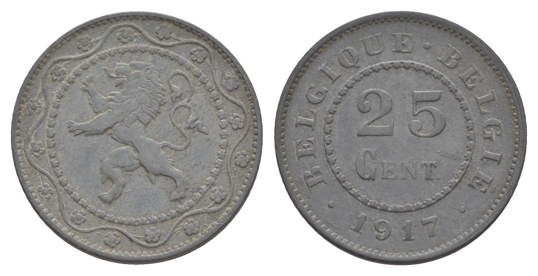 Бельгия 25 сантимов 1917 германская оккупация Первая мировая война, Альберт I (1909-1934) KM 82 цинк 4156-811
