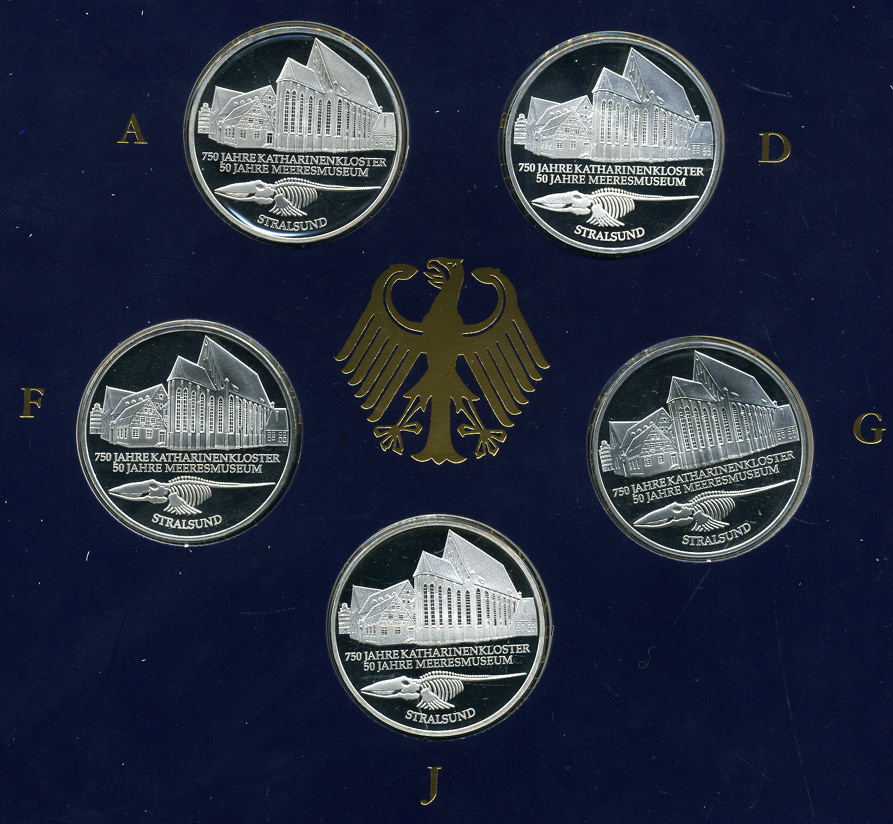 ФРГ набор из 5 штук по 10 марок 2001 A, D, F, G, J, 750 лет монастыря Святой Екатерины KM 204 серебро PROOF 6-5-2-5