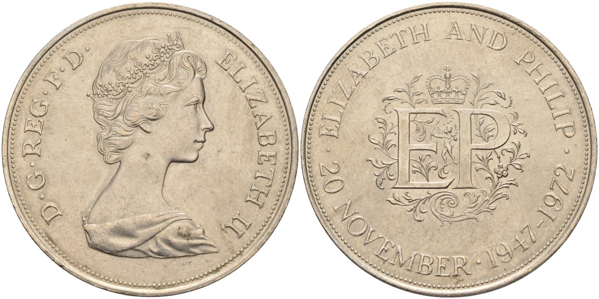 Великобритания 25 пенсов 1972 25 лет со дня свадьбы Елизавтеы II И Филлипа (1947-1972, серебрянная свадьба), Елизавета II (1952-2022) KM 917, Spink 4226 медно-никель UNC 4578-531