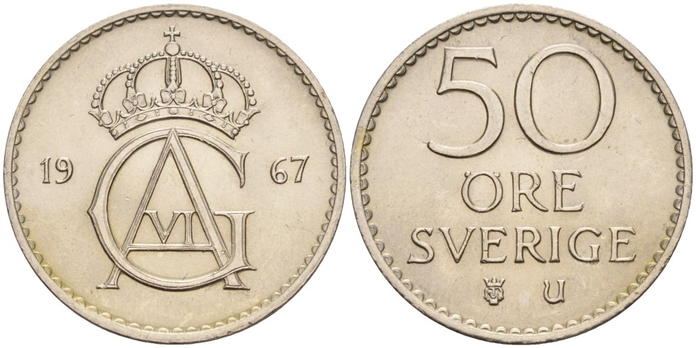 Швеция 50 эре 1967 U, Густав VI Адольф (1950-1973) KM 837 медно-никель UNC 4382-1153