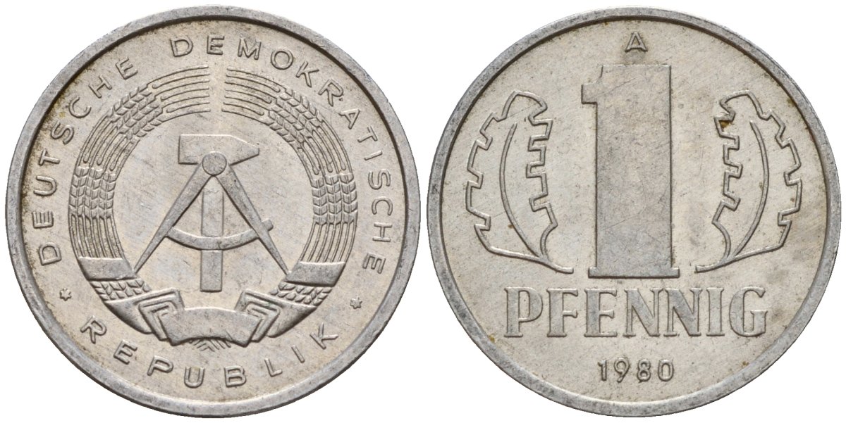 ГДР 1 пфенниг 1980 A KM 8.2 алюминий 187-542