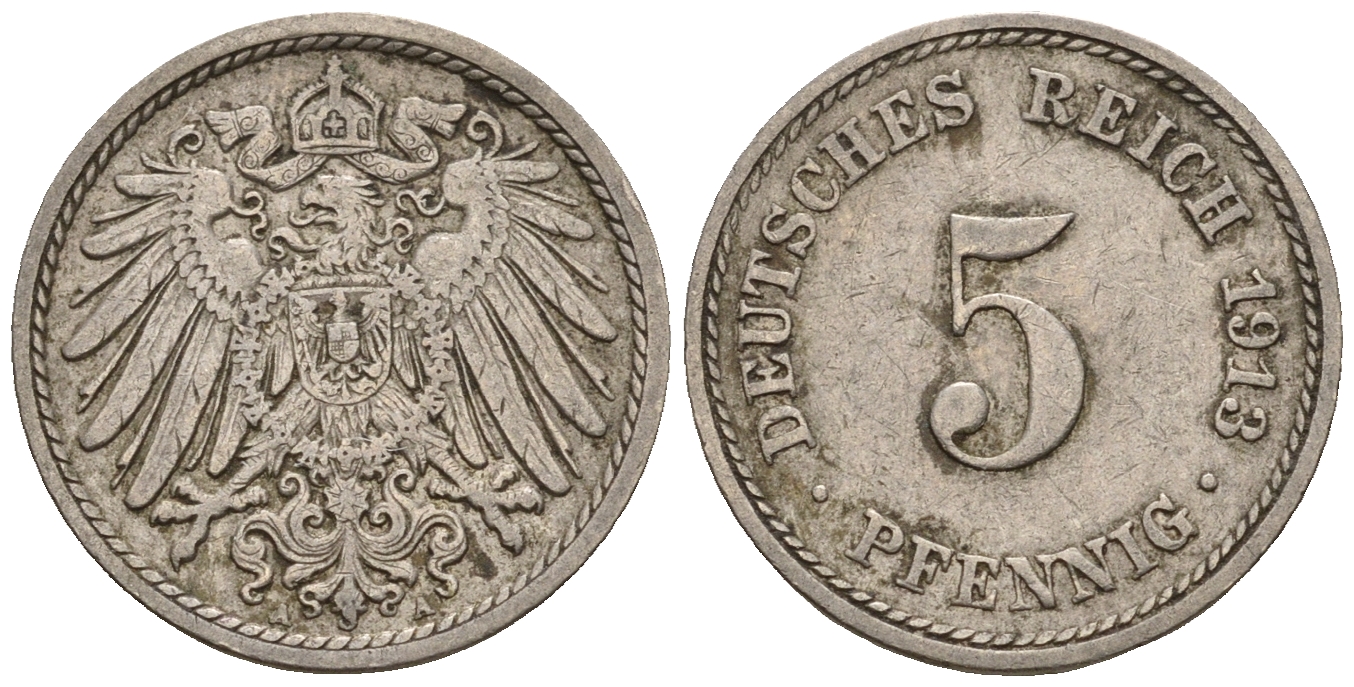 Германия 5 пфеннигов 1913 A, KM 11, J. 12 медно-никель 220-665