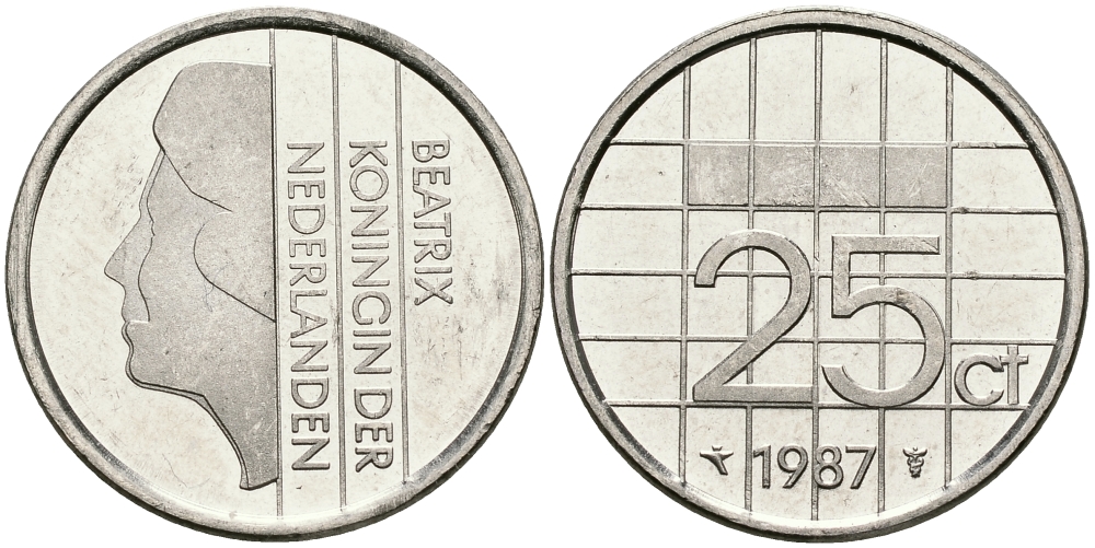 НИДЕРЛАНДЫ 25 ЦЕНТОВ 1987 БЕАТРИКС KM 204 никель 96-316