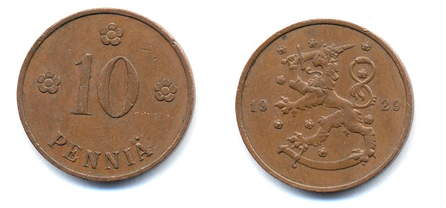 Финляндия 10 пенни 1929 республика (1918-1962) KM 24 медь 46-1633