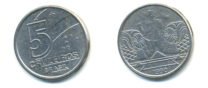 Бразилия 5 крузейро 1990 фермер KM 618.1 нержавеющая сталь aUNC 93-654