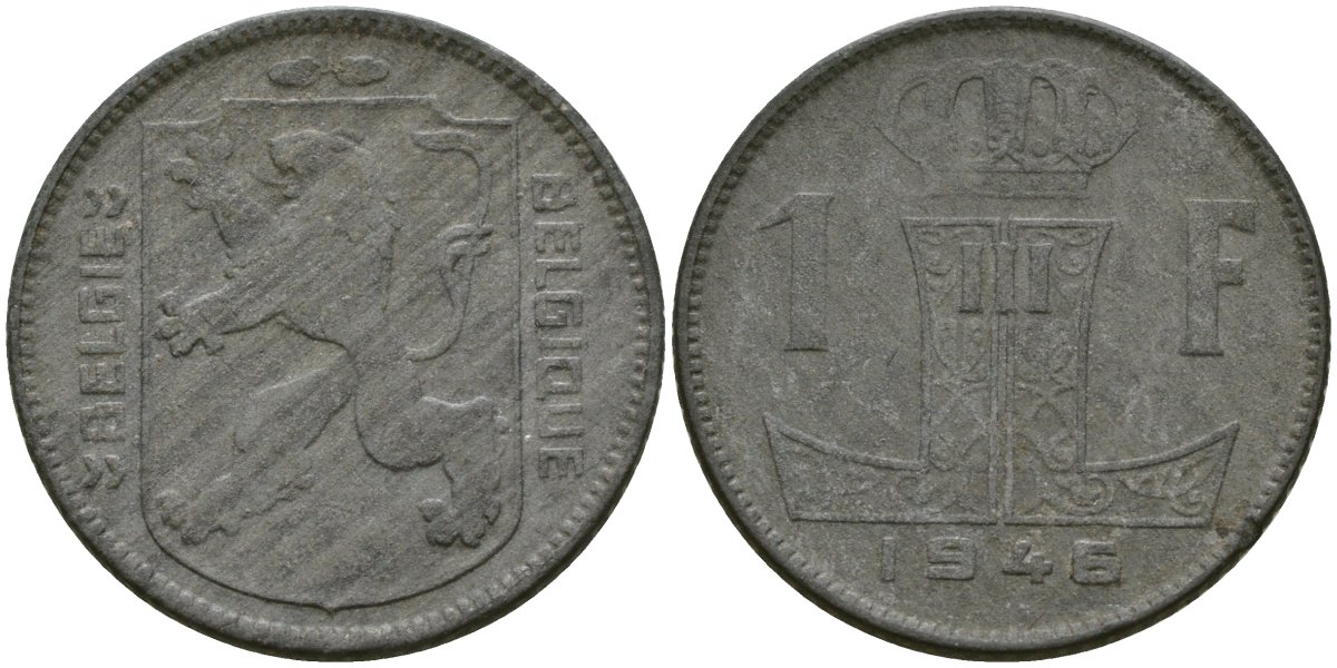 Бельгия 1 франк 1946 BELGI? - BELGIQUE KM 128 цинк 51-643