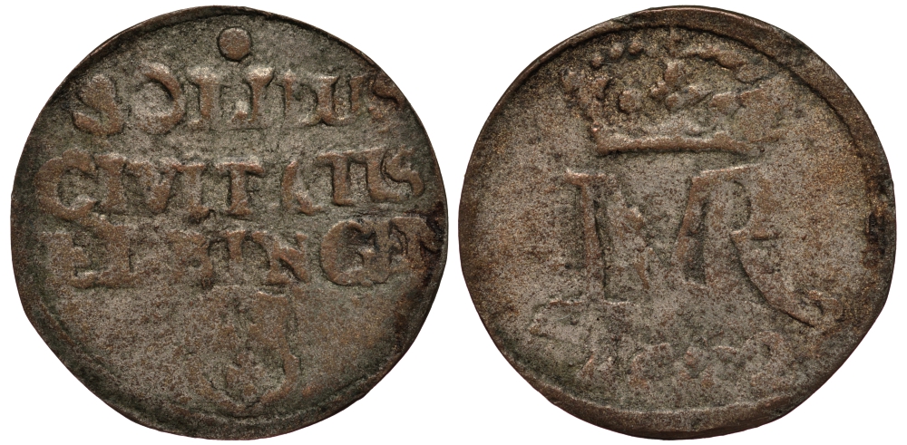 Польша, Эльблонг 1 шиллинг (шеляг) 1672 Михаил Корибут Вишневецкий король Польский, Великий Князь Литовский (1669-1673), вес 0,50 гр. KM 90 серебро 1516-1214