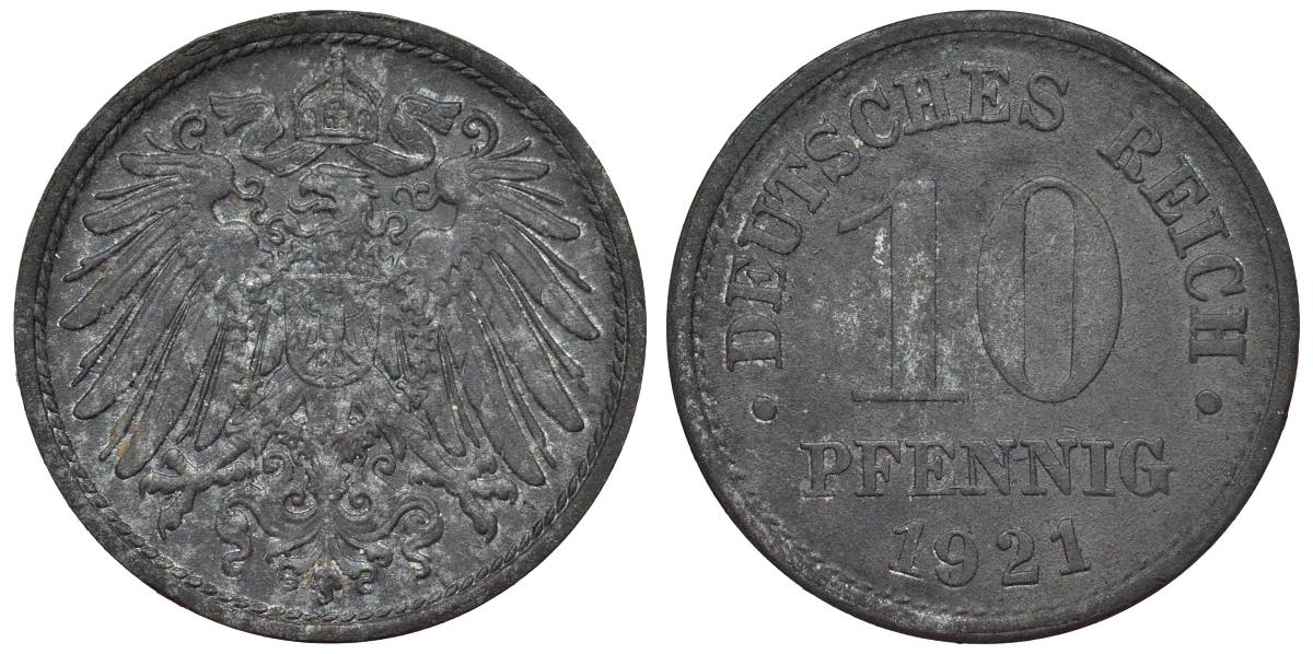 Германия 10 пфеннигов 1921 KM 26, J. 299, Weege 8 цинк 4119-417