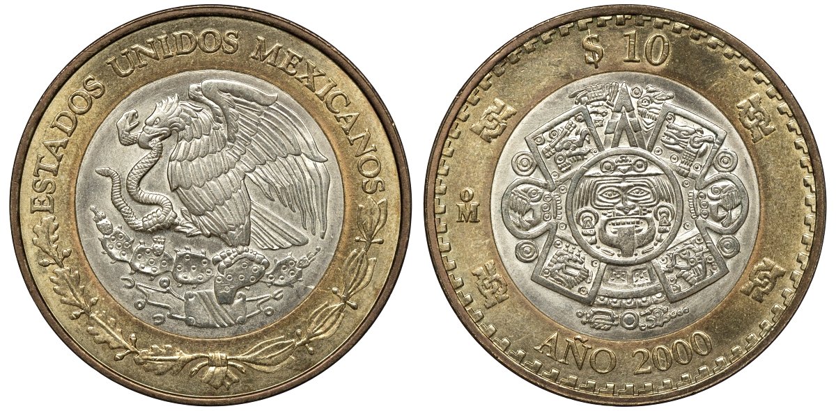Мексика 10 песо 2000 Мо, бог Тонатиу - бог солнца, смена тысечелетий KM 636 биметалл UNC 4367-1111
