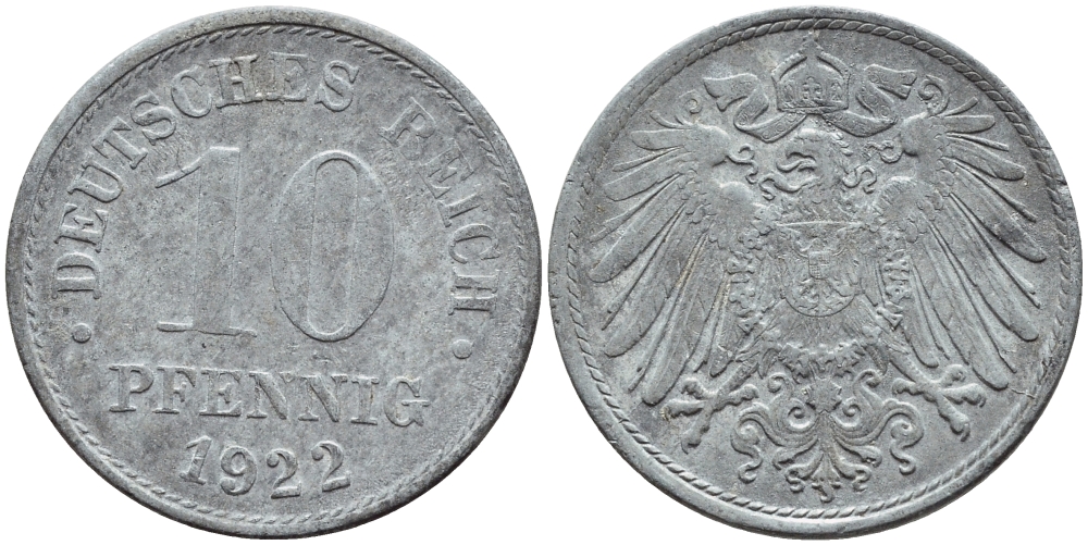 ГЕРМАНИЯ 10 ПФЕННИГОВ 1922 KM 26, J. 299 цинк 4395-1257