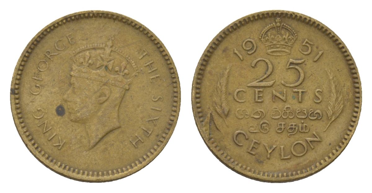Цейлон 25 центов 1951 KM 122 никель латунь 4624-814