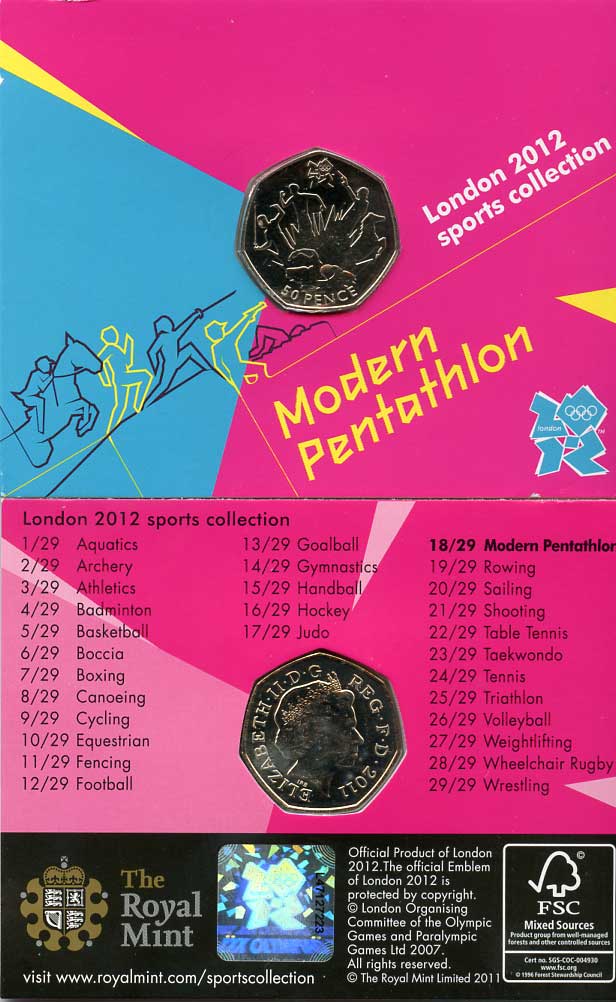 Великобритания 50 пенсов 2011 XXX летние Олимпийские игры в Лондоне в 2012 году, современное пятиборье, в оригинальном картонном буклете, с Олимпийской голограммой (18/29) KM 1177 медно-никель  UNC  3-6-6-12
