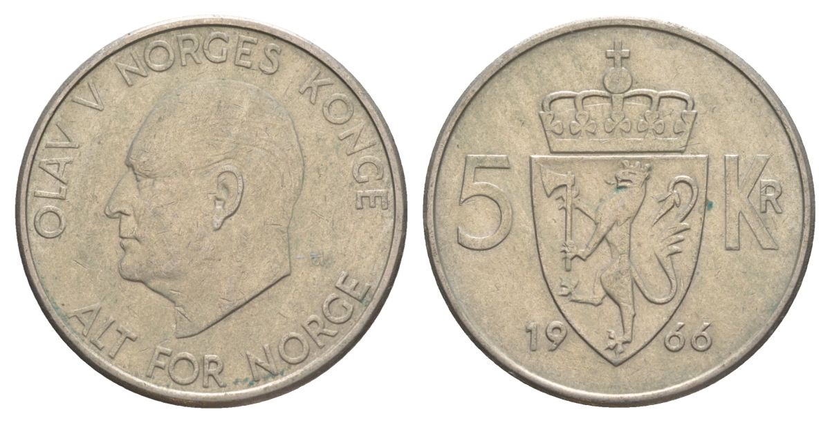 Норвегия 5 крон 1966 Улаф V (1957-1991) KM 412 медно-никель 4162-346