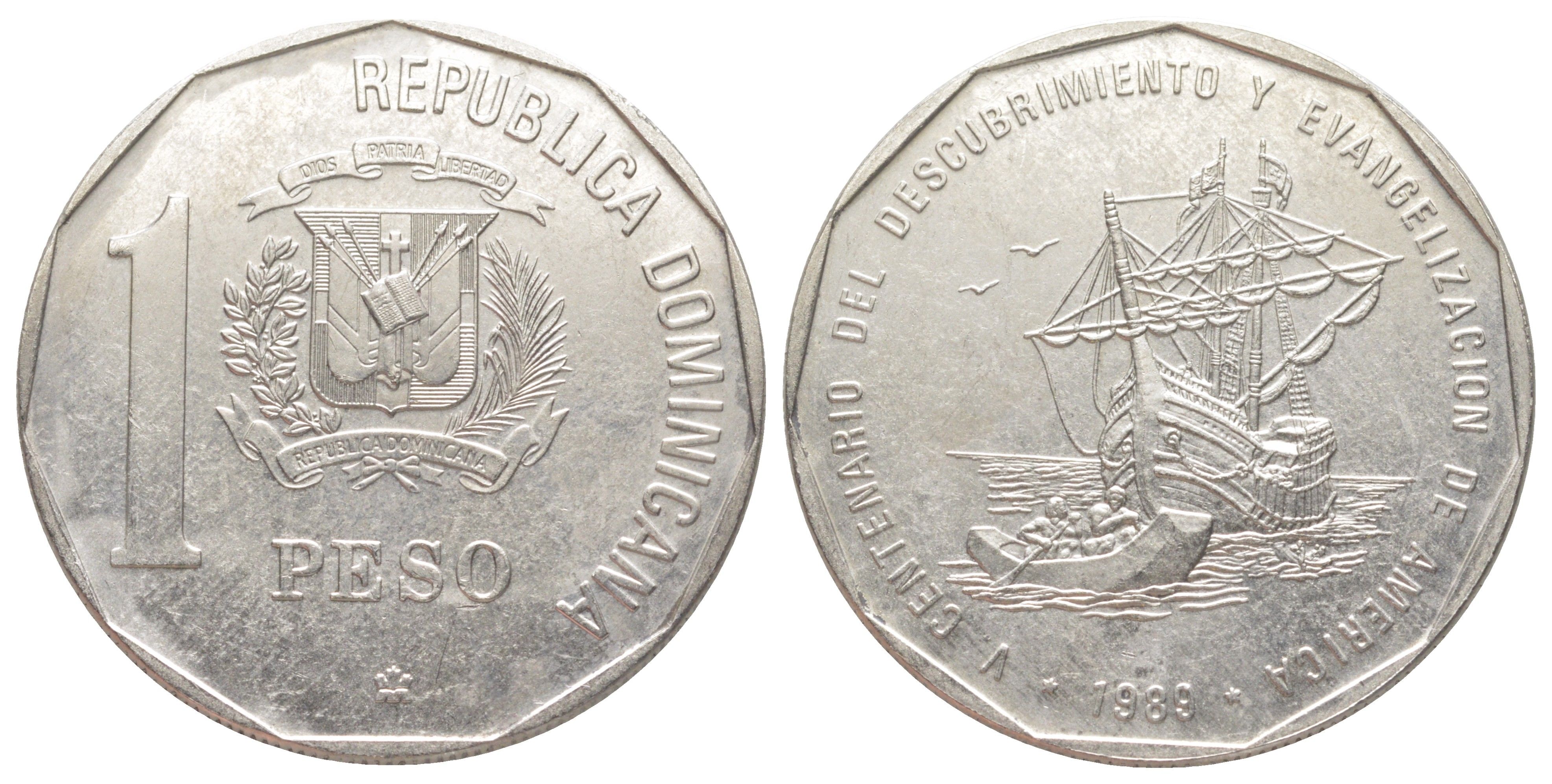 Доминиканская Республика (Доминикана) 1 песо 1989 500 лет открытию и евангелизации Америки KM 74 медно-никель BU 650-1145