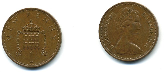 Великобритания 1 пенни 1971 Елизавета II (1952-2022) KM 915, Spink 4237 (B1) бронза 4110-726