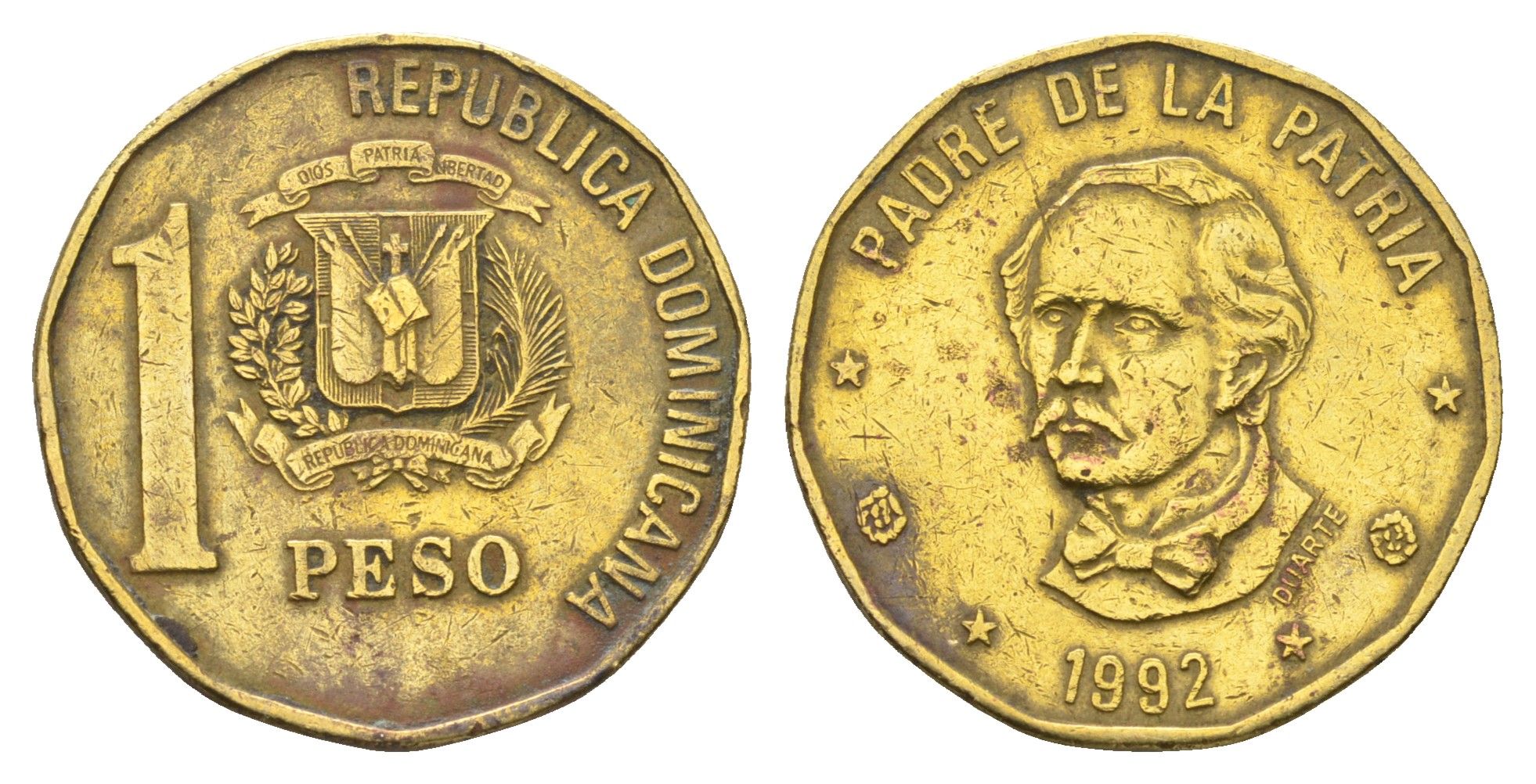 Доминиканская Республика (Доминикана) 1 песо 1992 Хуан Пабло Дуарте KM 80.2 латунь 4663-913