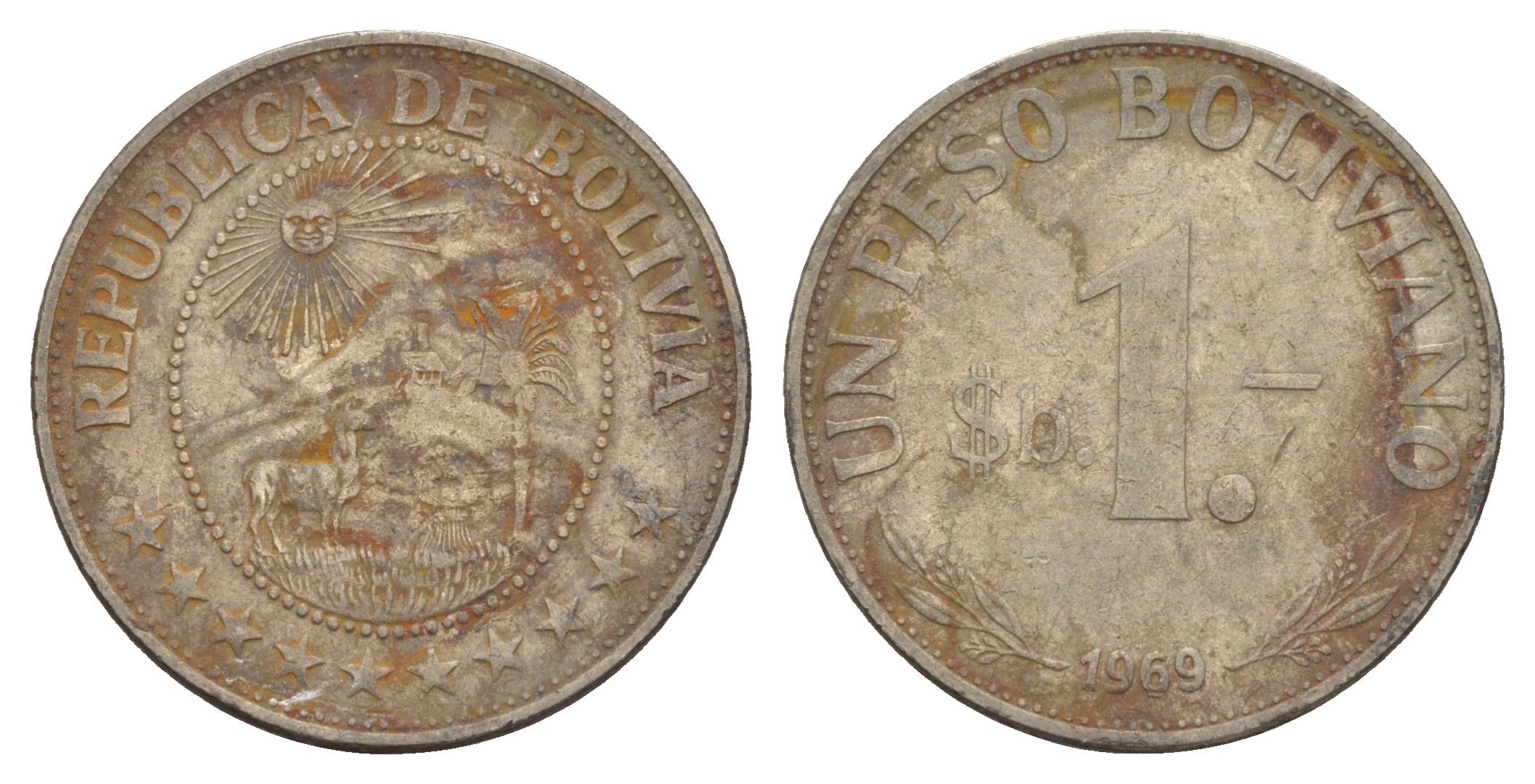 Боливия 1 песо 1969 KM 192 сталь плакированная никелем 4656-944