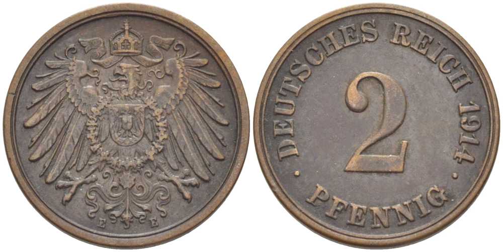 ГЕРМАНИЯ 2 ПФЕННИГА 1914 E KM 16, J. 11 медь 175-247