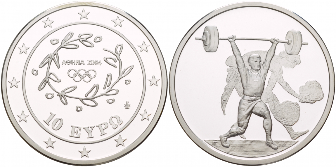 Греция 10 евро 2004 XXVIII летние Олимпийские игры 2004 года в Афинах, тяжелая атлетика, штанга KM 202 серебро PROOF 06-225-15