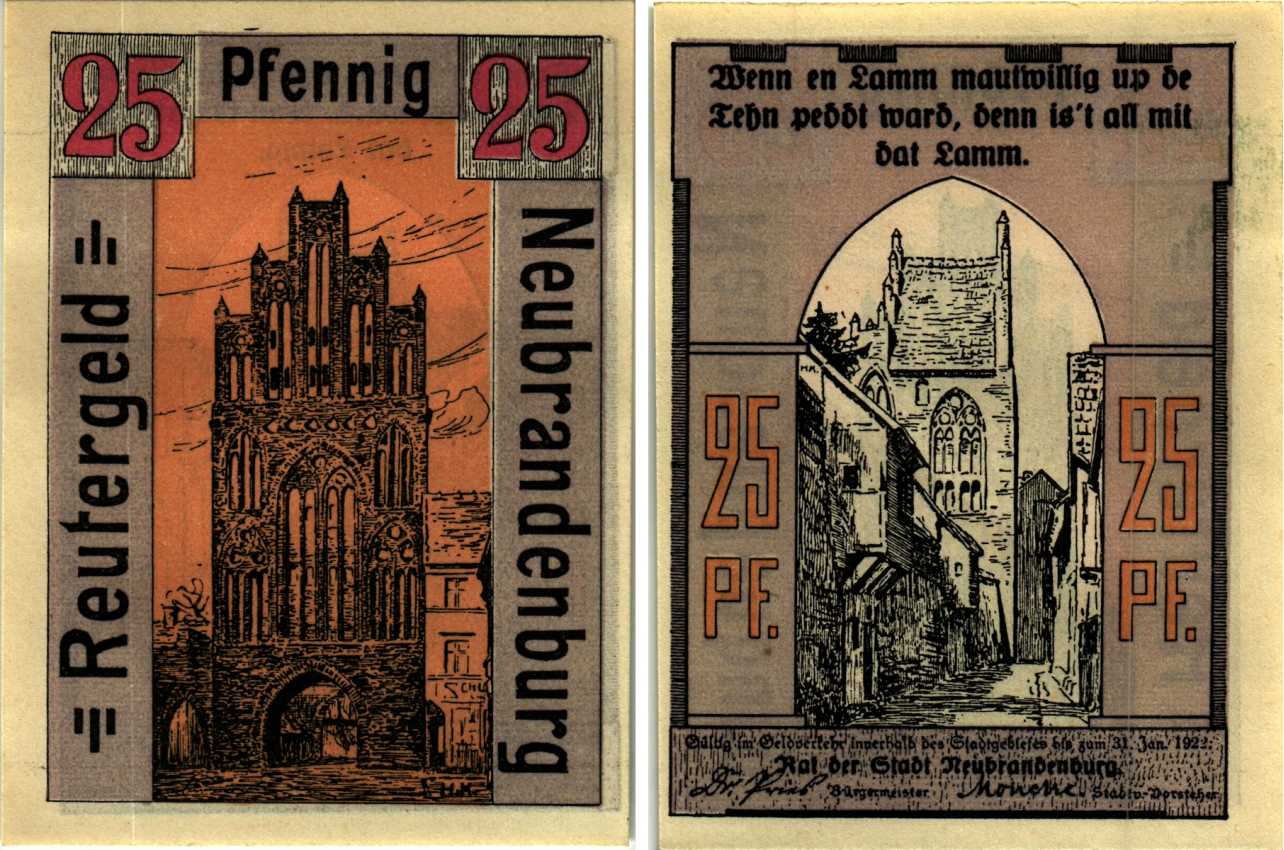 НОЙБРАНДЕНБУРГ 25 ПФЕННИГОВ 1922 НОТГЕЛЬД, 1922 - 31 МАЯ 1922, ЗЕМЛЯ МЕКЛЕНБУРГ-ПЕРЕДНЯЯ ПОМЕРАНИЯ Grabowski 935.1 бумага 6318-48-3-2