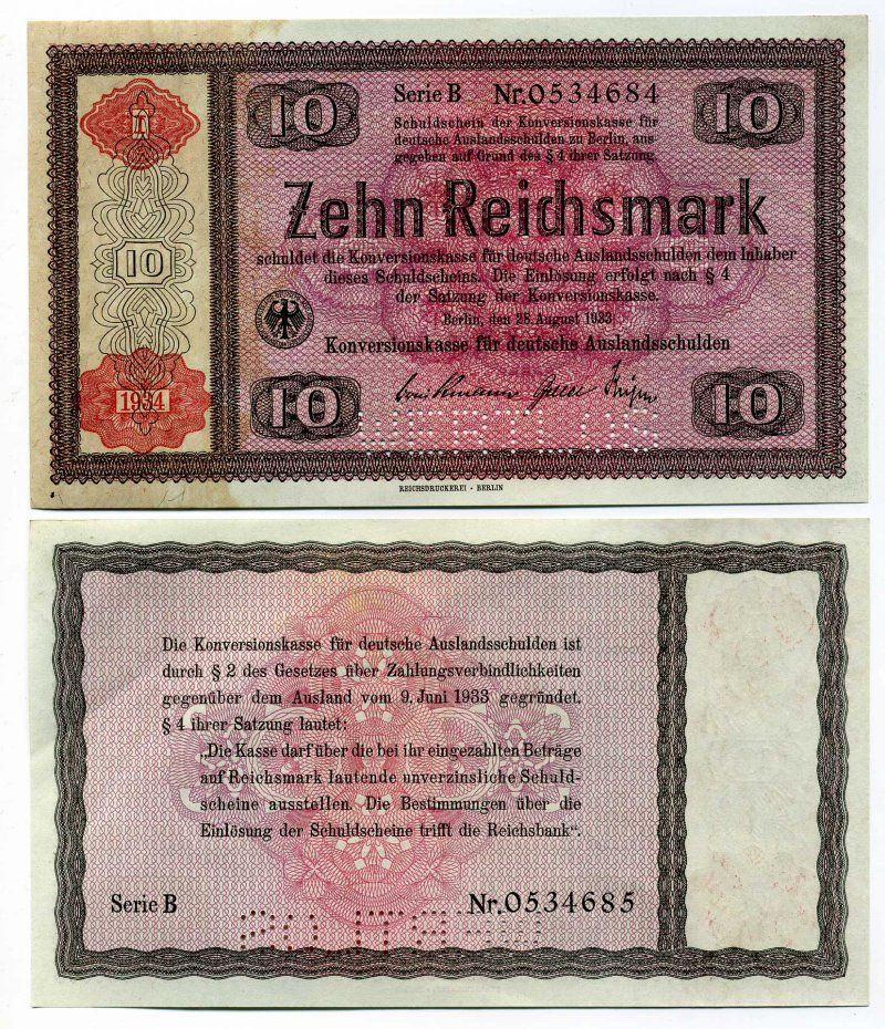 Германия 10 рейхсмарок 1934 Конверсионный выпуск, красная надпечатка на 1933 годе, серия I, перфорация WERTLOS Pick 208s2 бумага UNC (пресс) 451-77-1