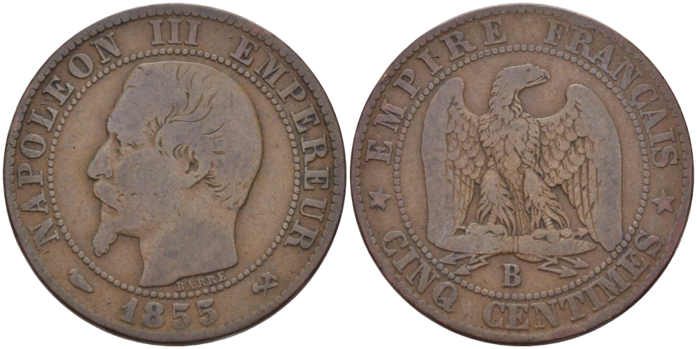 Франция 5 сантимов 1855 B, Наполеон III (1852-1870) KM 777.2, LE FRANC 166.18 бронза 28-651