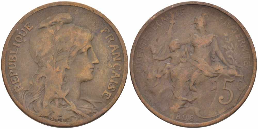 ФРАНЦИЯ 5 САНТИМОВ 1898 ТИП ДАНИЭЛЬ ДЮПЮИ KM 842, LE FRANC 119.5 бронза 108-813