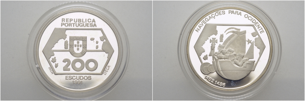 Португалия 200 эскудо 1991 походы на запад (1452-1498) KM 659а серебро PROOF 1098-5-64