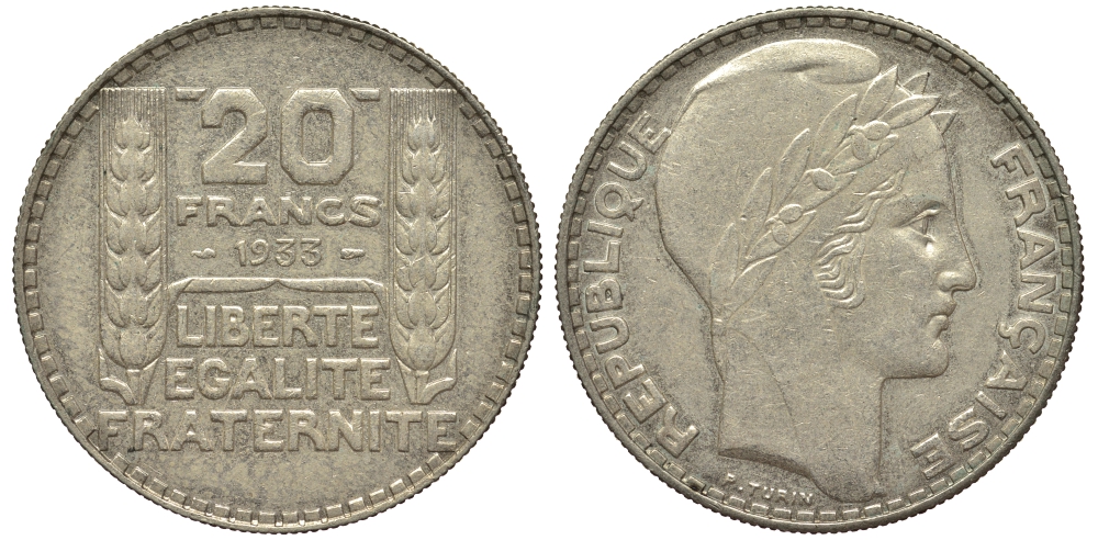 Франция 20 франков 1933 Пьер Тюрен KM 879, Le Franc 400.3 сереброо 413-3444