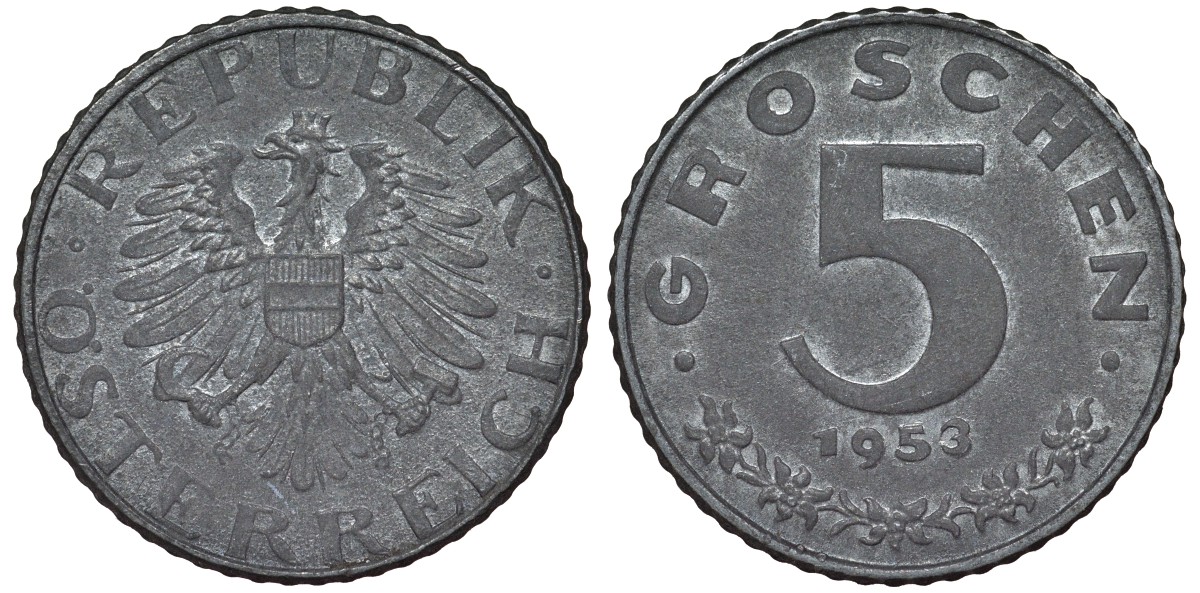 Австрия 5 грошей 1953 состояние KM цинк 4164-328