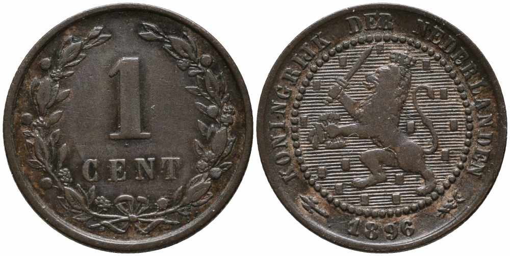 Нидерланды 1 цент 1896 Вильгельмина (1890-1948) KM 107 бронза 112-443