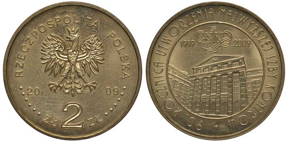 Польша 2 злотых 2009 MW, 90 лет открытия народной палаты контроля KM 673 латунь 111-333