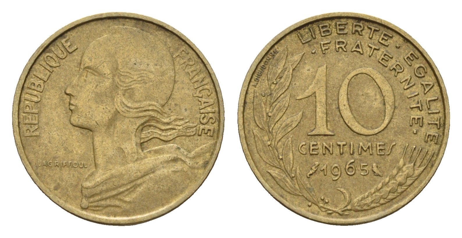 Франция 10 сантимов 1965 тип Morlon KM 929, Le Franc 144.5 алюминиевая бронза 4617-455