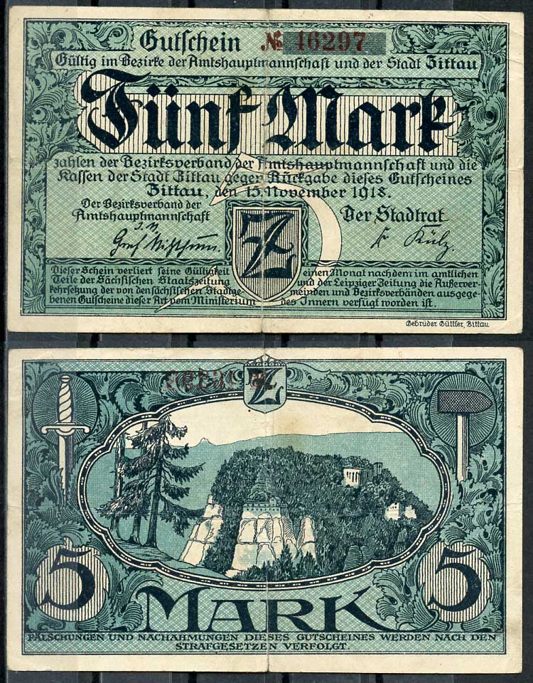 Германия, Циттау 5 марок 1918 нотгельд, 15.11.1918, 5 цифр в номере Geiger 578.01  бумага   444-113-1-2