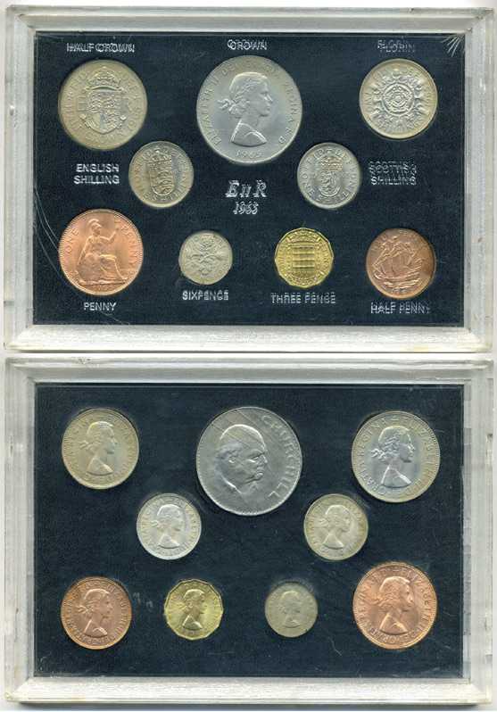 Великобритания набор из 9 монет 1965 двенадцатритричная денежная система, крона 1965 года с Черчиллем, в упраковке UNC 3-6-4-3