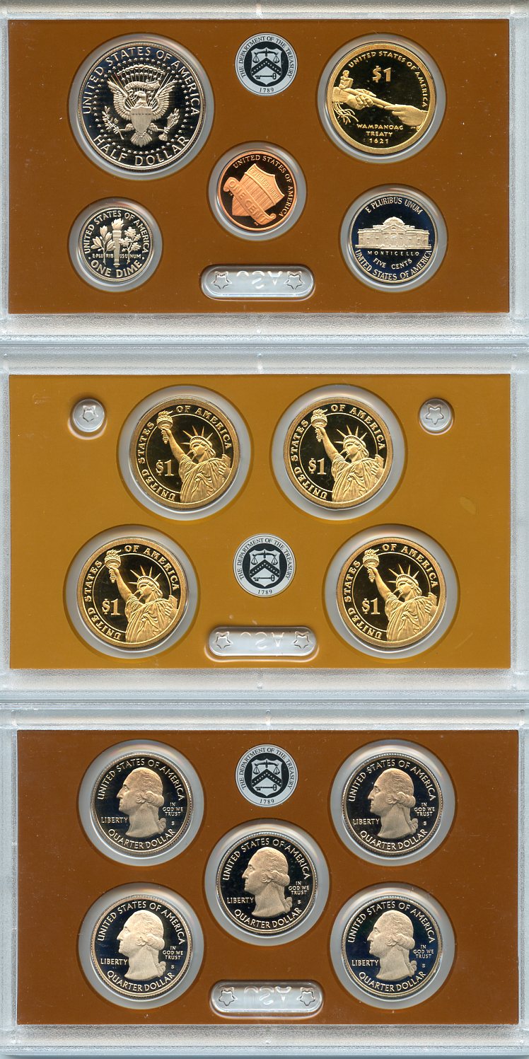 США официальный набор из 14 монет, в 3 пластиковых сетах 2011 годовой набор и юбилейные монет (1 доллар и 25 центов), в оригинальной коробке, сертификат US-001262   PROOF  8-2-03-09