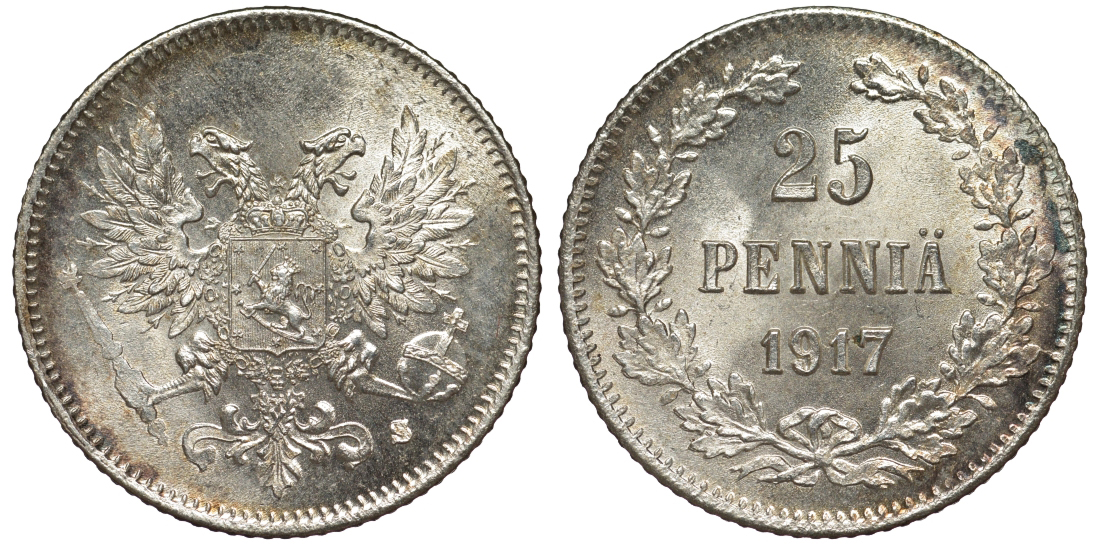 Россия для Финляндии 25 пенни 1917 S, временное правительство, без короны KM 19, Биткин 2 серебро 75-1468