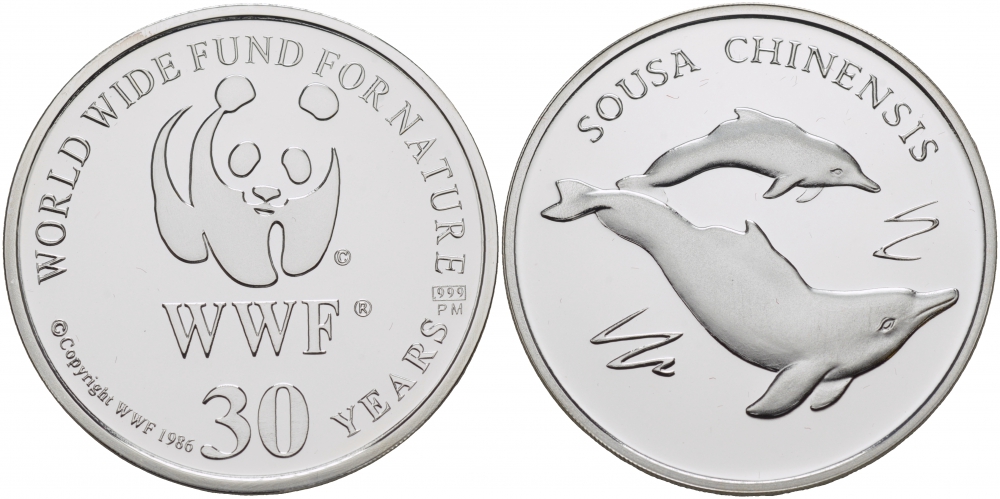 ЕВРОПА МЕДАЛЬ 1986 30 ЛЕТ WWF, ДЕЛЬФИН, AOUSA CHINENSIS серебро PROOF 00-00