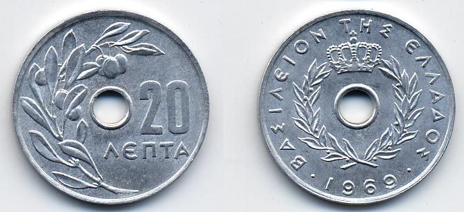 Греция 20 лепта 1969 Константин II (1964-1974), оливковая ветвь KM 79 алюминий UNC 41-1011