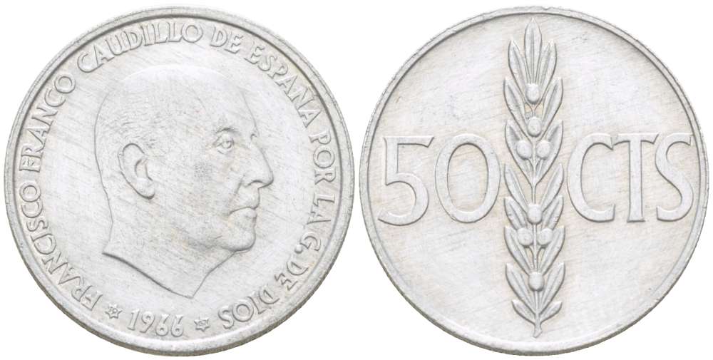 ИСПАНИЯ 50 СЕНТИМО 1966 (67) ФРАНСИСКО ФРАНКО ДИКТАТОР ИСПАНИИ (1939- 1975) KM 795 алюминий 4519-857