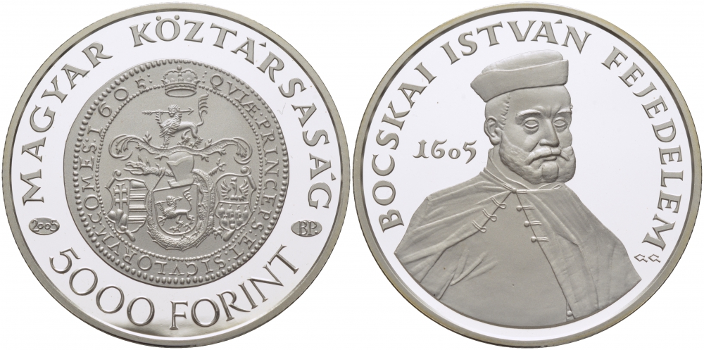 Венгрия 5000 форинтов 2005 дизайн Трансильванского талера, Иштван Бочкаи (1557-1606), тираж 3000 экземпляров KM 786 серебро PROOF 1077-4-21