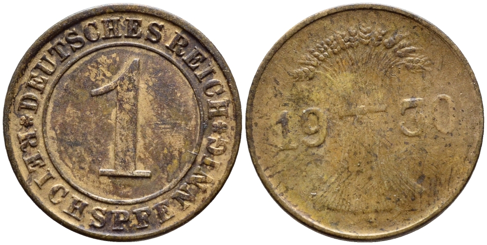 ГЕРМАНИЯ 1 РЕЙХСПФЕННИГ 1930 A KM 37, J 313 бронза 4396-253