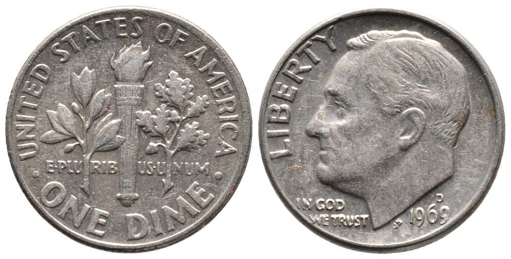 США 10 ЦЕНТОВ = 1 ДАЙМ 1969 D, РУЗВЕЛЬТ KM 195а медь плакированная медно-никелем 73-227