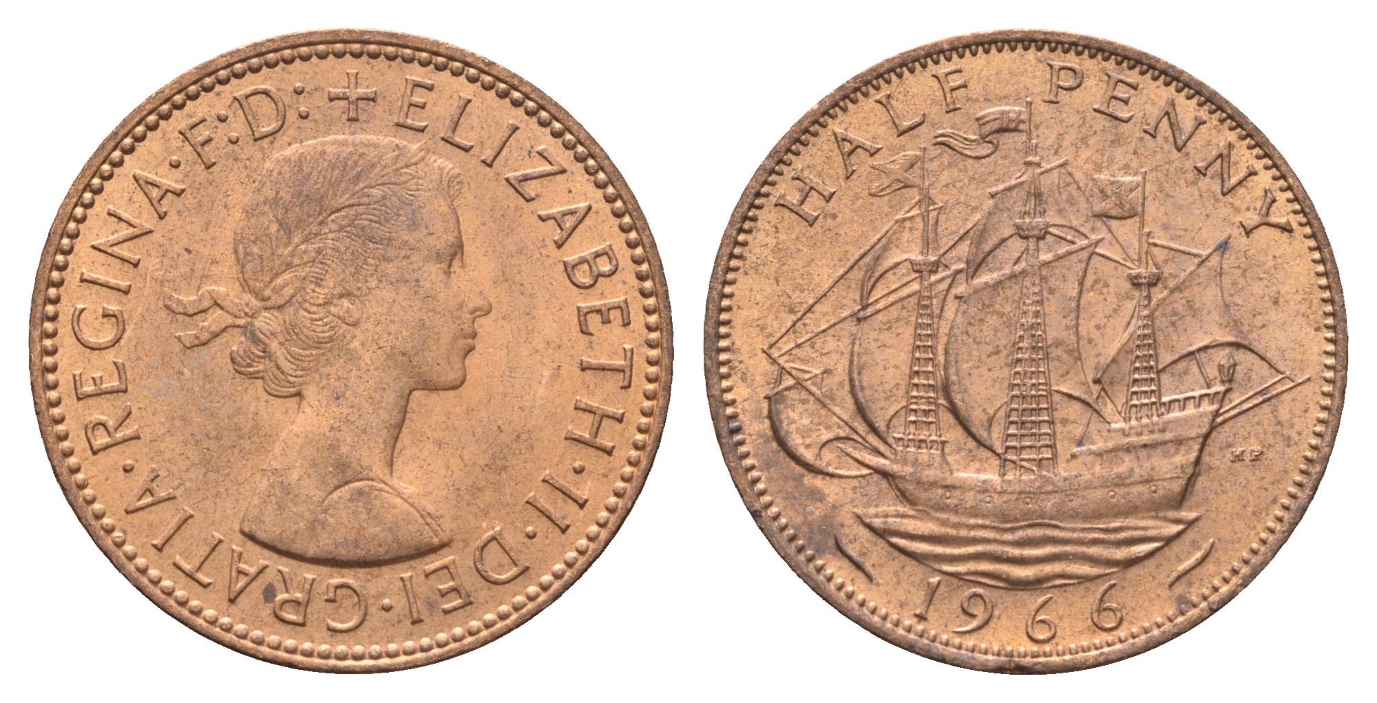 Великобритания 1/2 пенни 1966 Елизавета II (1952-2022) KM 896, Spink 4158 бронза 4663-115