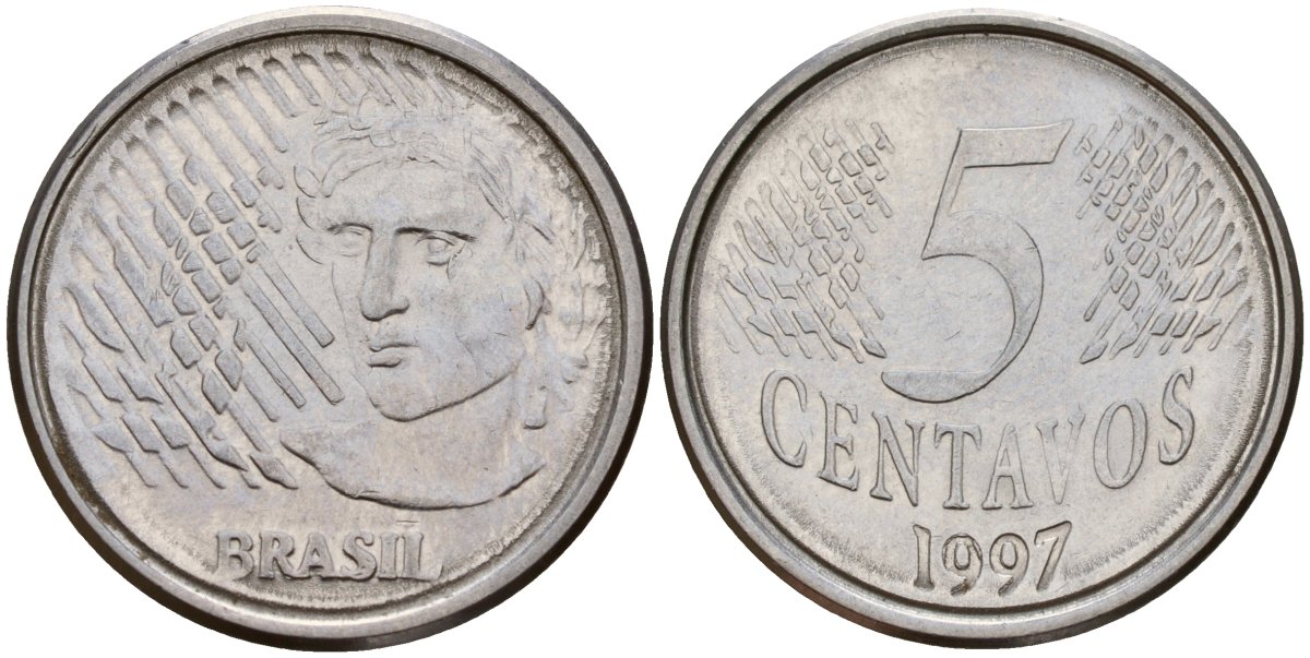 Бразилия 5 сентаво 1997 реформа 1994-, голова свободы влево KM 632 нержавеющая сталь 4164-338
