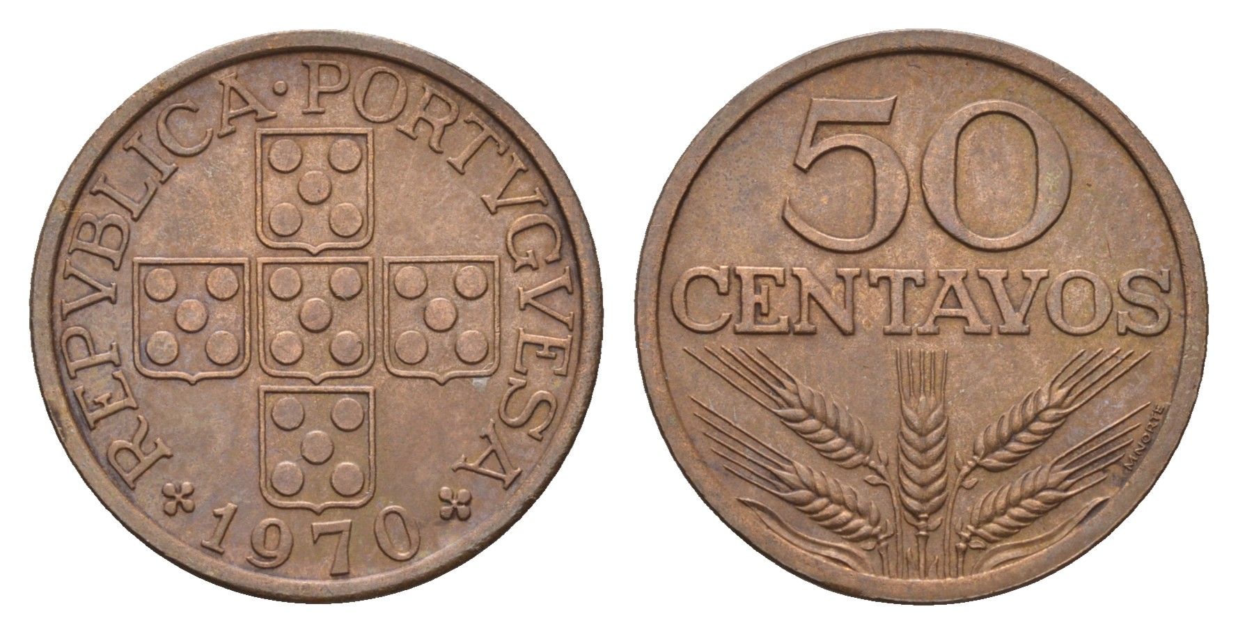 Португалия 50 сентаво 1970 KM 596 бронза aUNC 4679-528