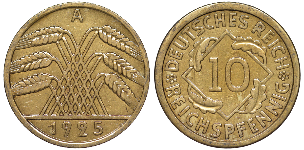 Германия 10 рейхспфеннигов 1925 A KM 40, J. 317 алюминиевая бронза 4604-656