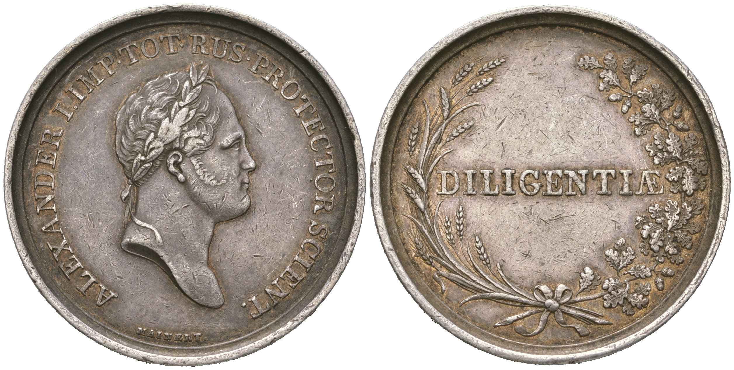 Россия медаль ND (первая четверть XIX века) воспитанникам "Крожецкой школы", Diligentiae (За прилежание), гравер Г. Майнерт, Александр I, диаметр 33 мм, вес 15,4 гр Дьяков 437.2 R3 серебро    00-903-39