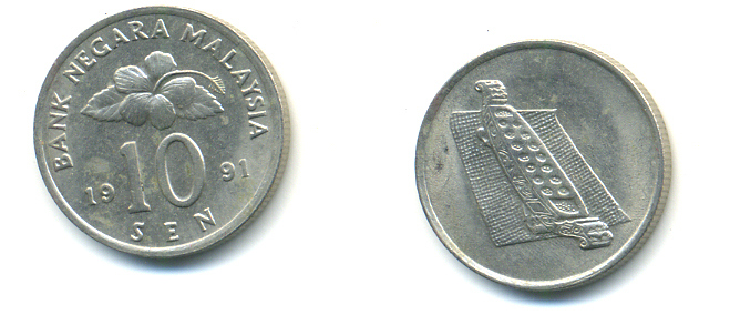 Малайзия 10 сенов 1991 цветок KM 51 медно-никель 176-763