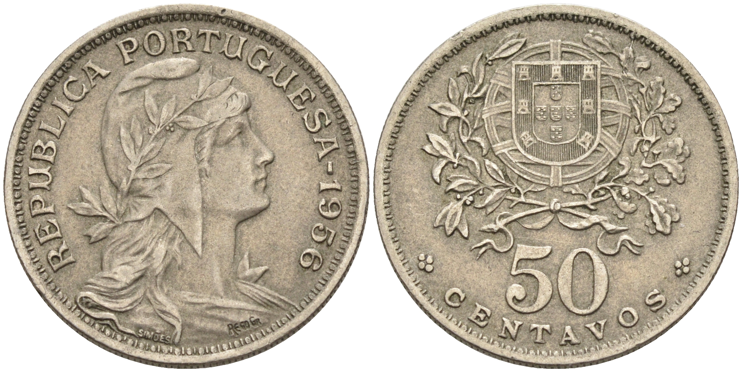 Португалия 50 сентаво 1956 KM 577 медно-никель 4589-455